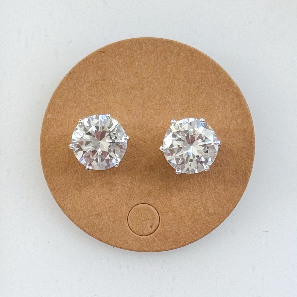 Joan Rivers 10mm White Crystal 6 Prong Stud Earrings Silver Tone Classic